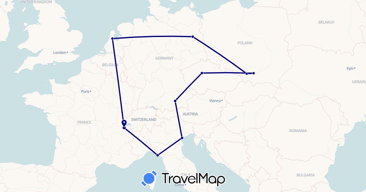 TravelMap itinerary: driving in Switzerland, Czech Republic, Germany, Italy, Netherlands, Poland (Europe)